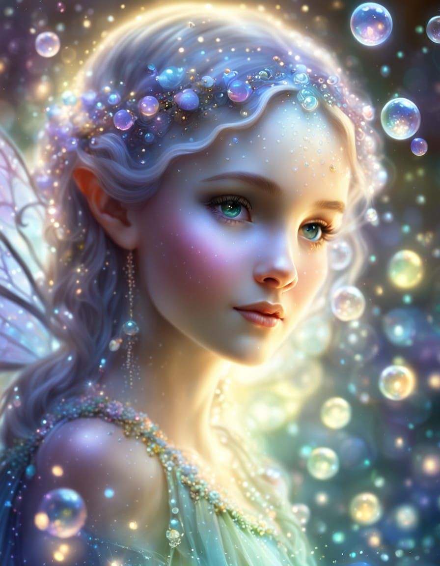 a fantasy scene. beautiful iridescent translucent bubbles floating around a majestic fairy   by @Ima