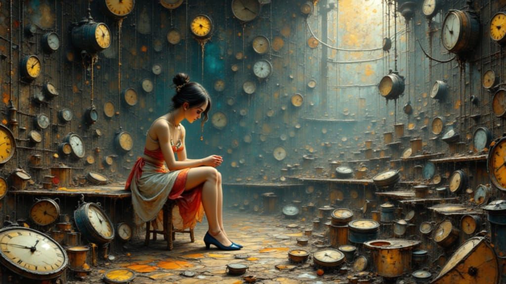 A young beautiful woman, wearing an elegant dress, sits on a small stool, in a big room, surrounded by walls and a floor made of hundreds of...