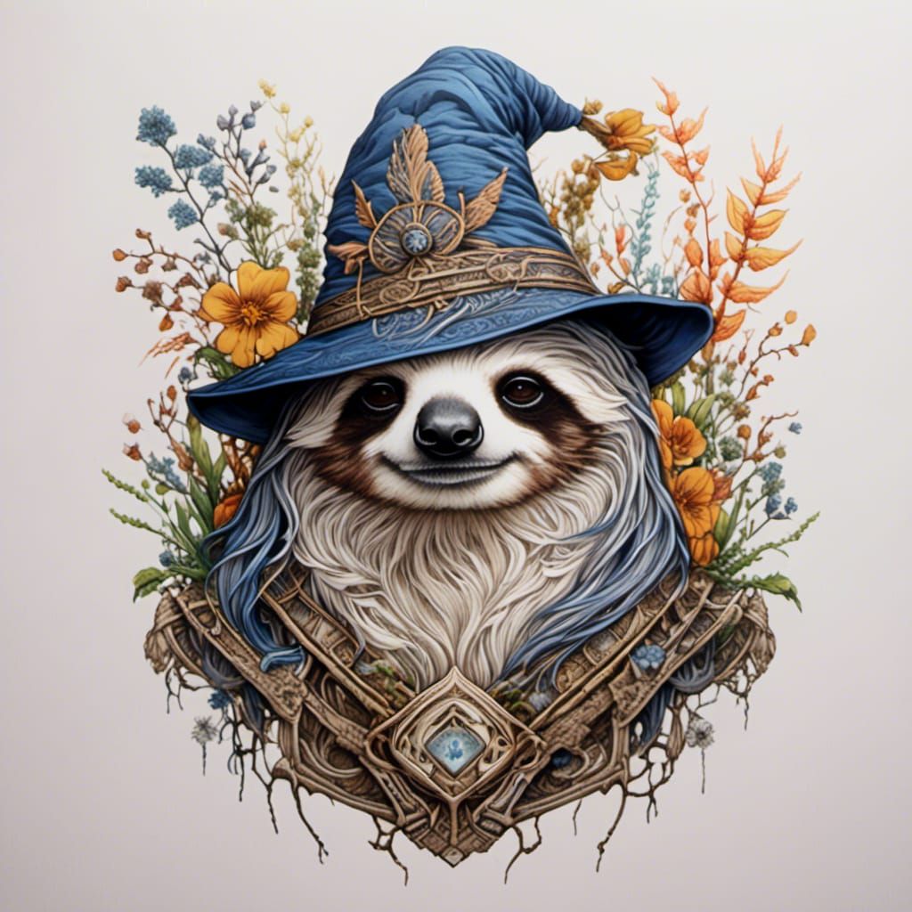 <lora:FloraFaunaSkulls:0.9> scout patch, Sloth wearing a wizard costume, embroidered design, activity design, crisp line, ultra-detailed pho...