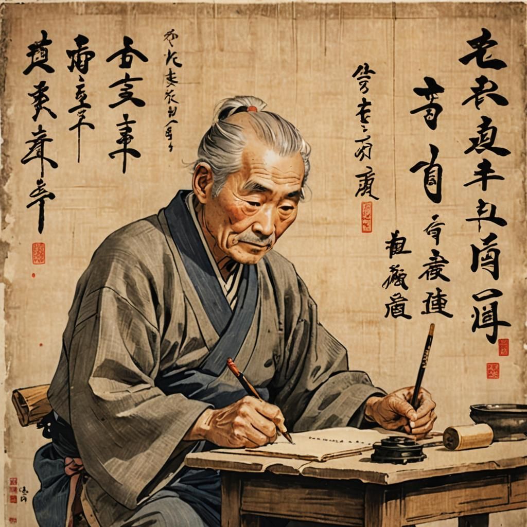Elderly man writing calligraphic kanji on papyrus  by @Katherine Clarkson
