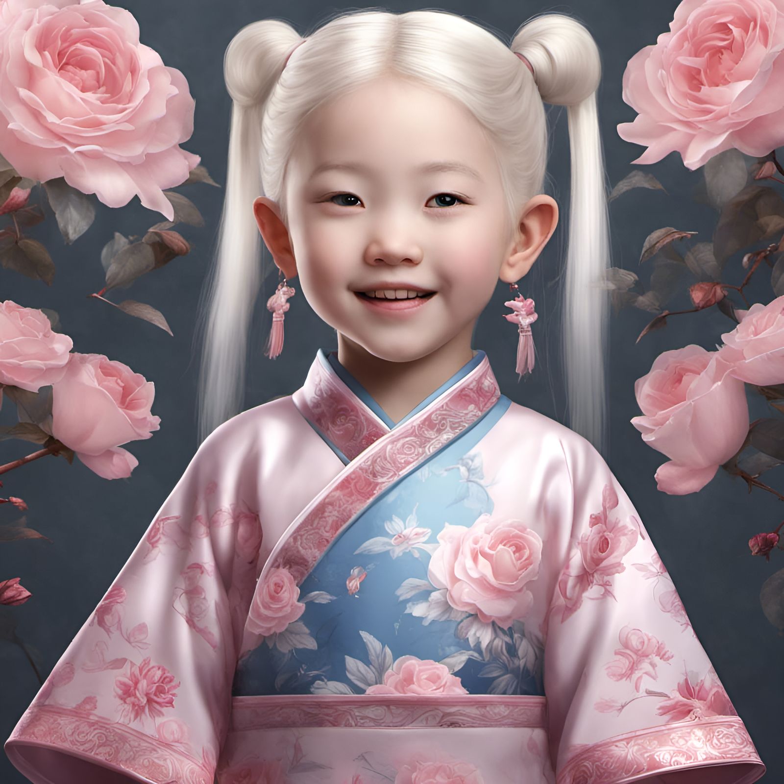 Smiling toddler albino Chinese girl with long and straight w...