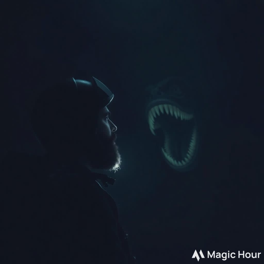 The bloop creature looking at a petrified human scuba diver underwater in the deepest place on earth hiding in the dark ...