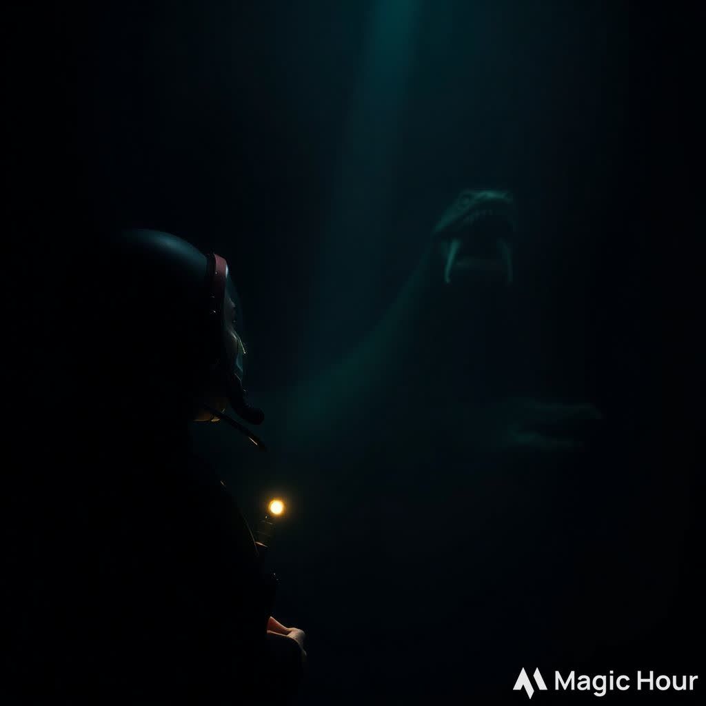 The bloop creature looking at a petrified human scuba diver underwater in the deepest place on earth hiding in the dark ...