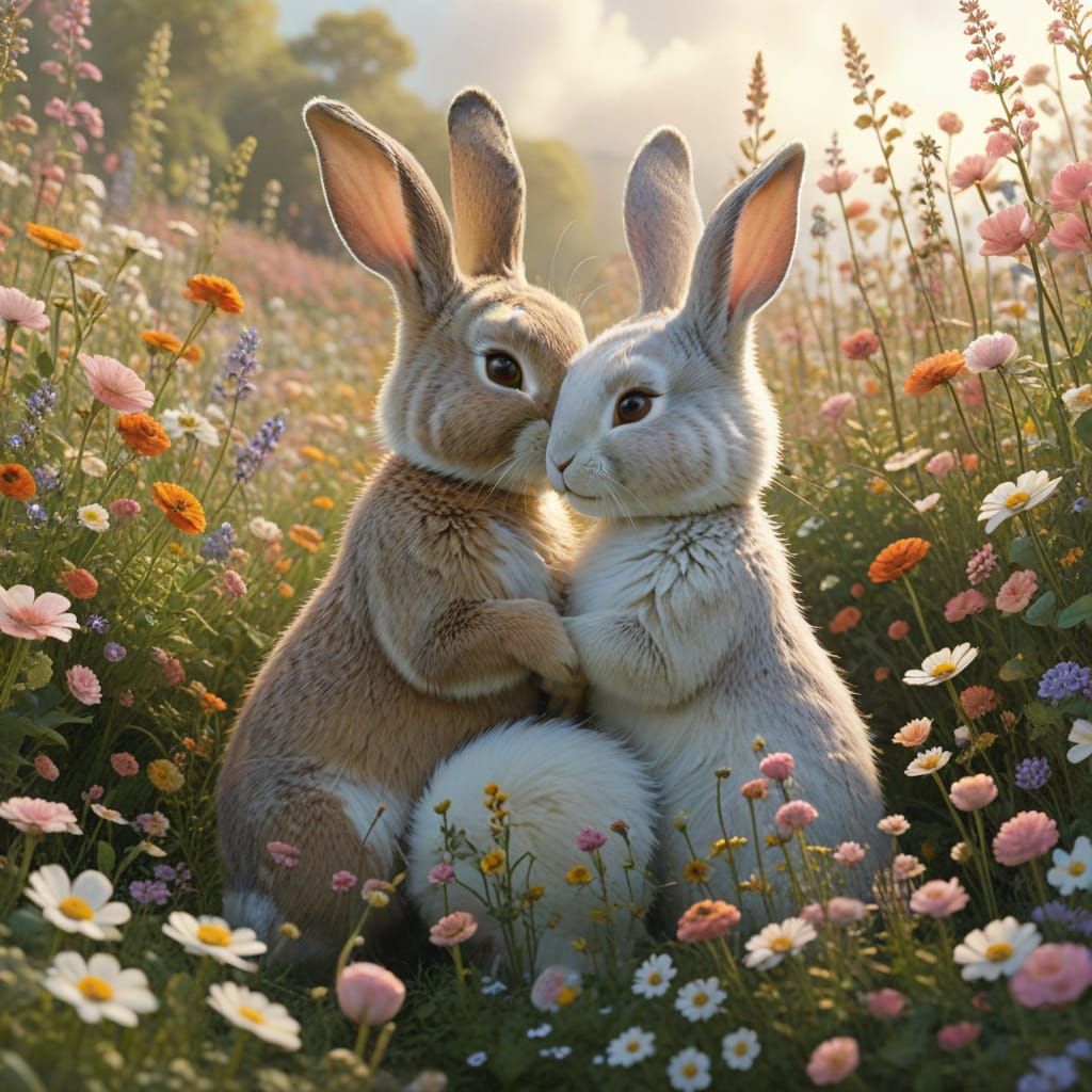 Two Rabbits Embrace in Flower Field, Storybook Style