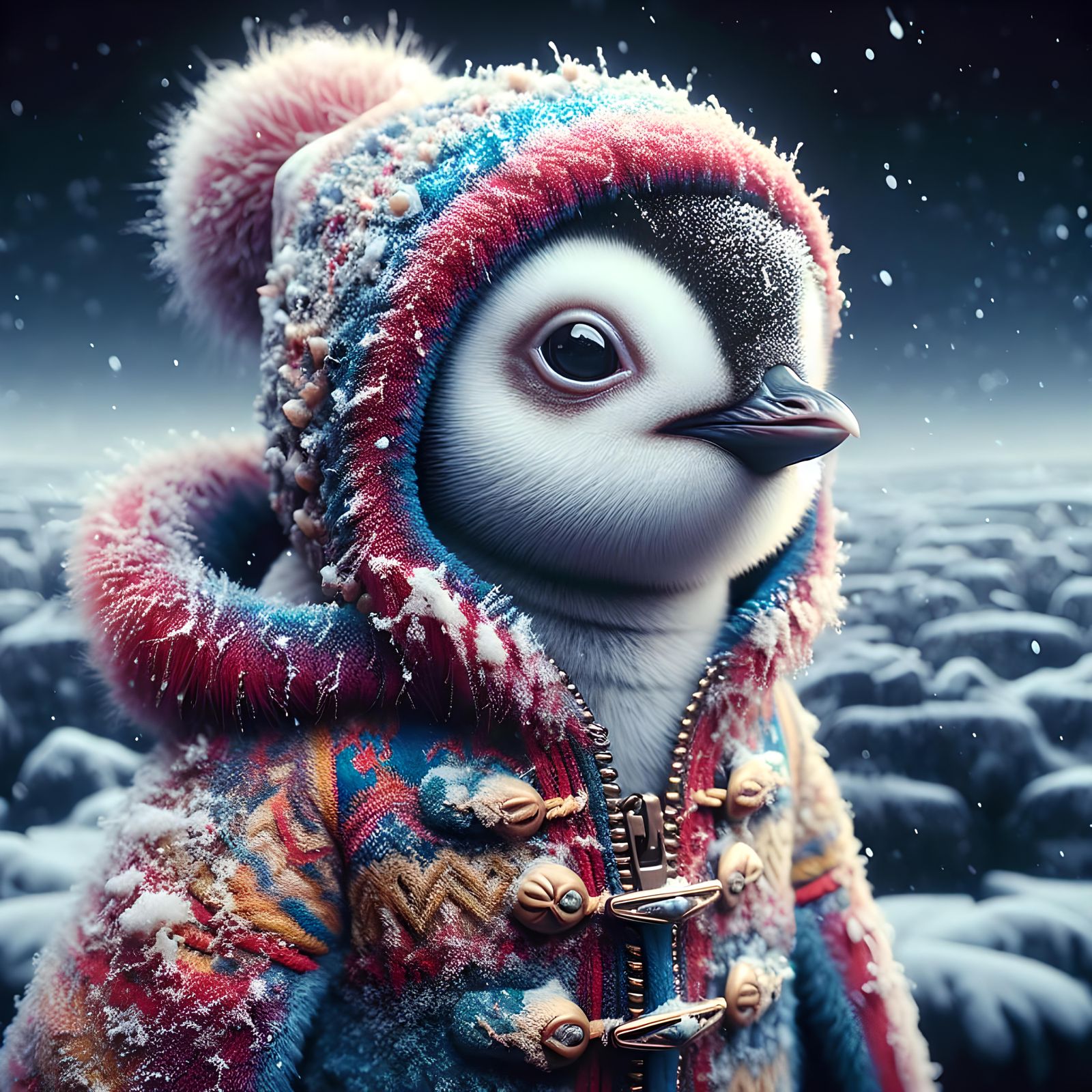 Penguin in Winter Coat, Renaissance-Inspired Digital Art