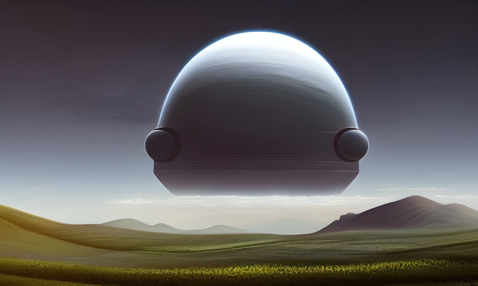 a vast geometric alien object, hovering a cropcircle :: A va...
