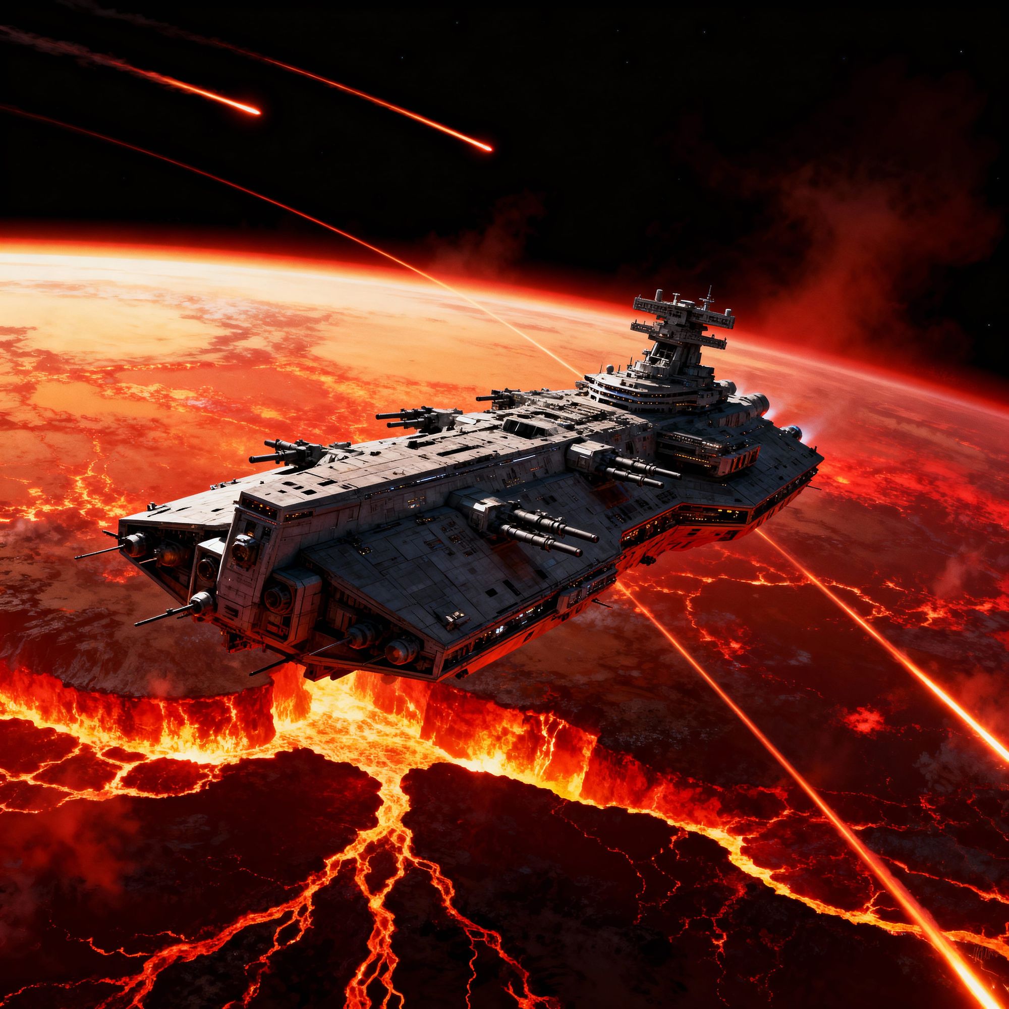 A space battleship orbits a molten world.