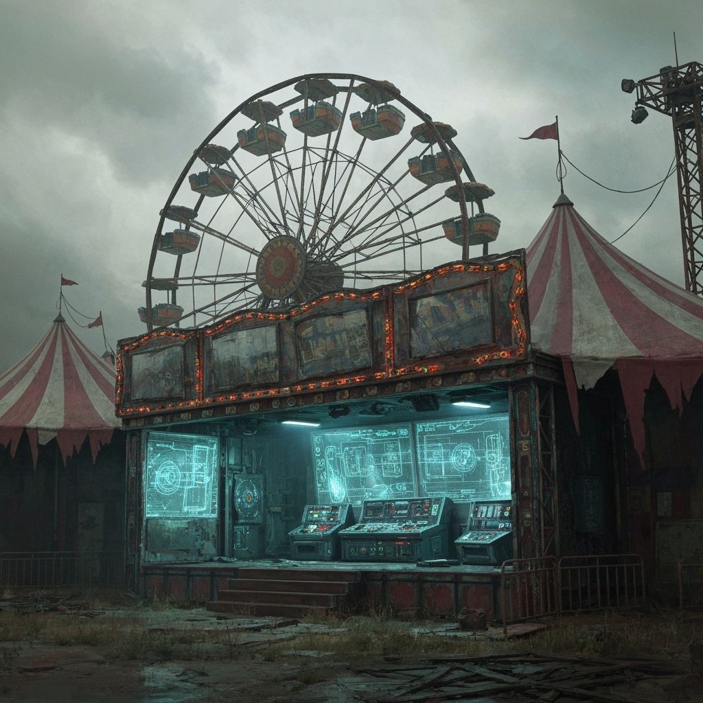 Daily Challenge #1081: Supervillain Hideouts, Creepy Supervillain Hideout at an Abandoned Amusement Park ...  by @Mystienight