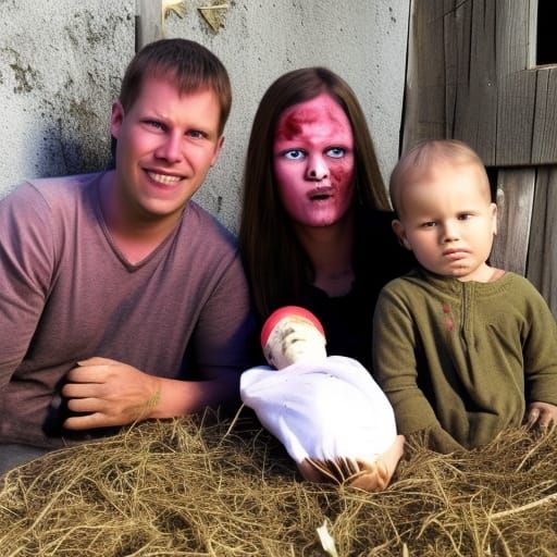 creepy family with moldy faces holding dead bloody baby outs...