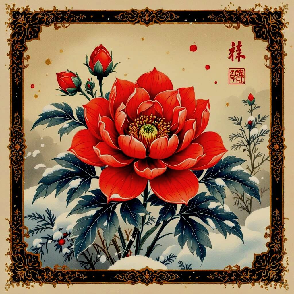 Stunning Red Chinese Flower in Snowy Landscape