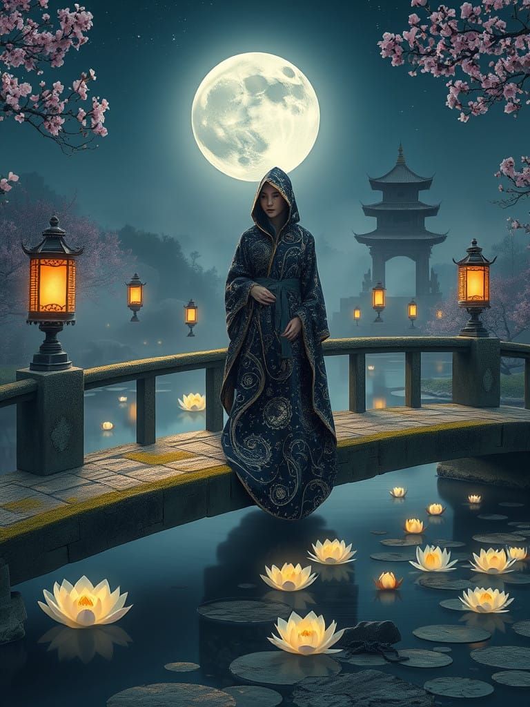 Majestic Woman in Celestial Robe, Standing on Ancient Stone....