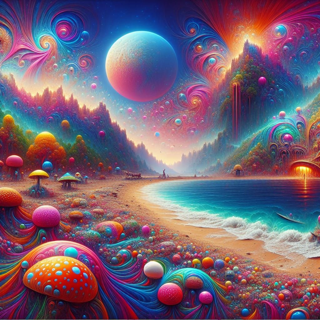 acid mushroom trip on a beautiful beach with lots of detail