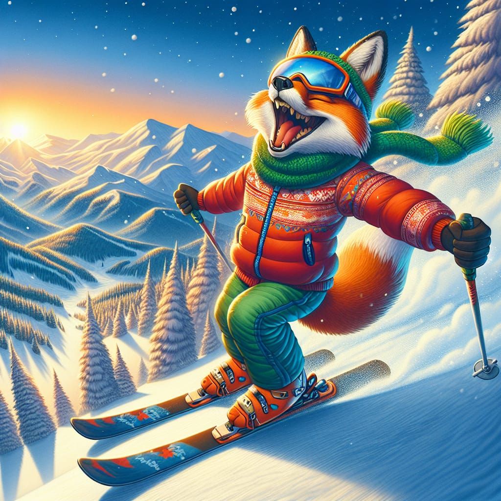 A fox wearing ski outfit, skiing down a snow covered mountain, shouting with joy