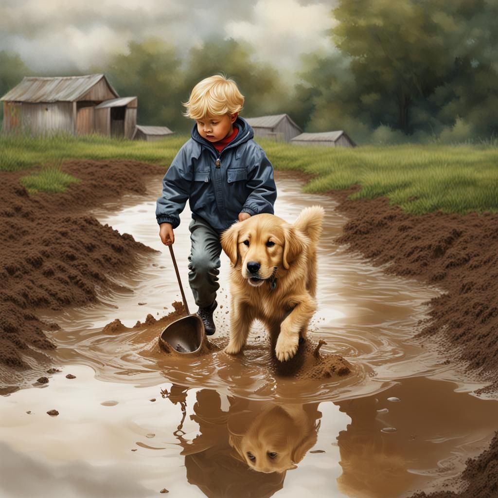 A little boy with a Golden Retriever  playing in a mud puddle on a cloudy day. poster art elaborate hyperrealism ...  by @Andrea Angel
