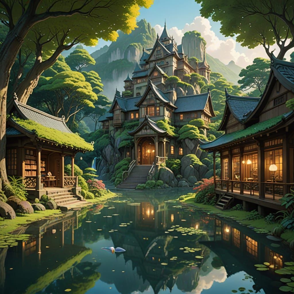 Inside a grand, modern library, ancient books lining the walls, a fantastical mountain range landscape ...  by @BMoore Ignite Studio