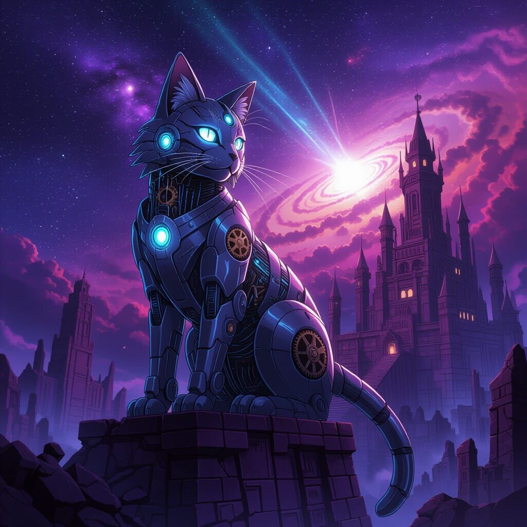 Anime art style. A majestic mechanical cat with glowing cybernetic eyes, perched atop a crumbling cosmic castle, surveying a nebula-filled s...