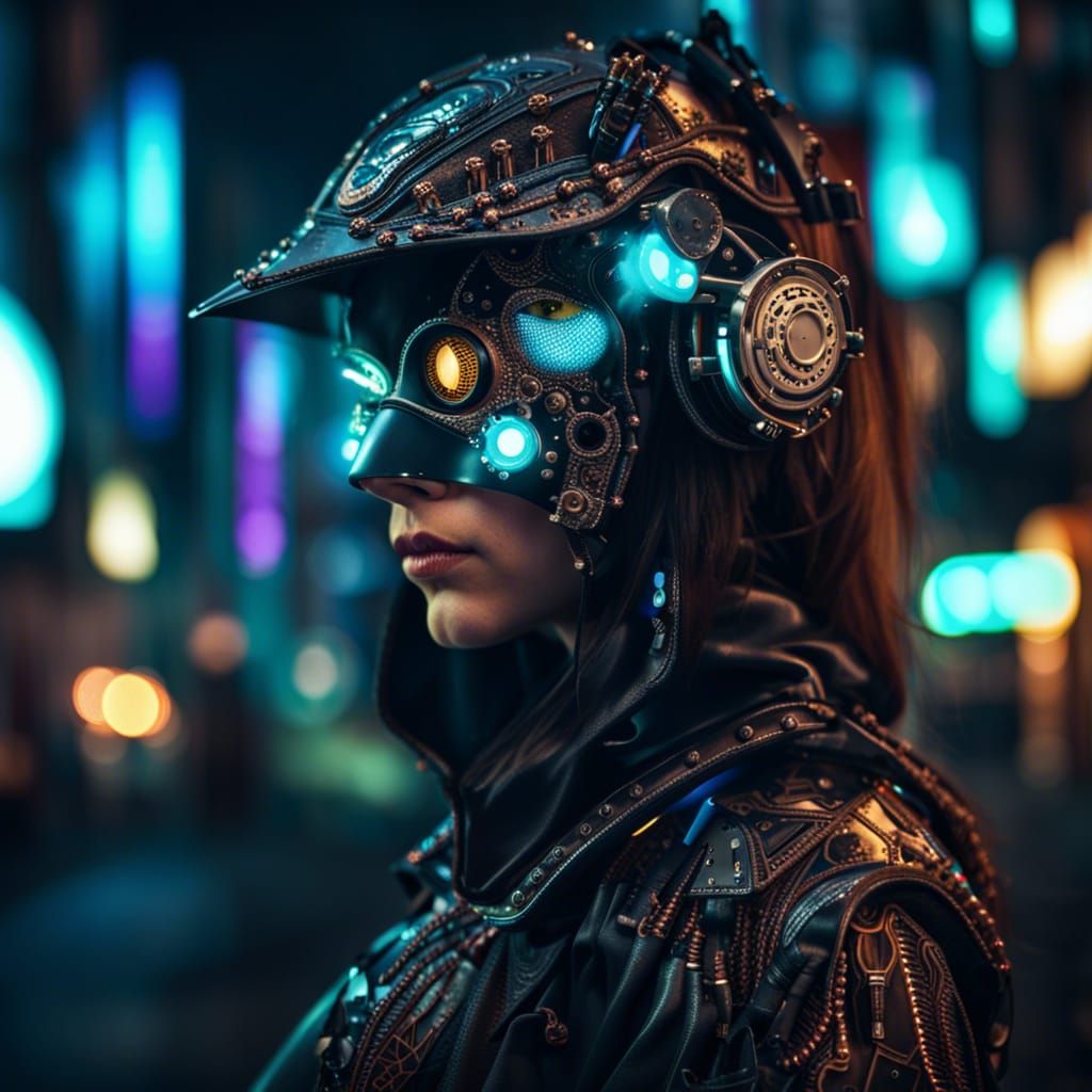 Portrait of a cyborg girl wearing futuristic face armor in a...