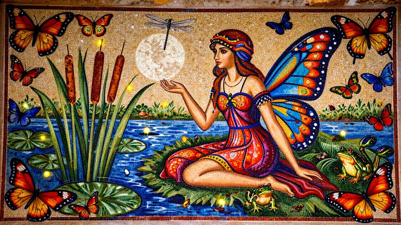 Byzantine Mosaic Fairy in Moonlit Garden