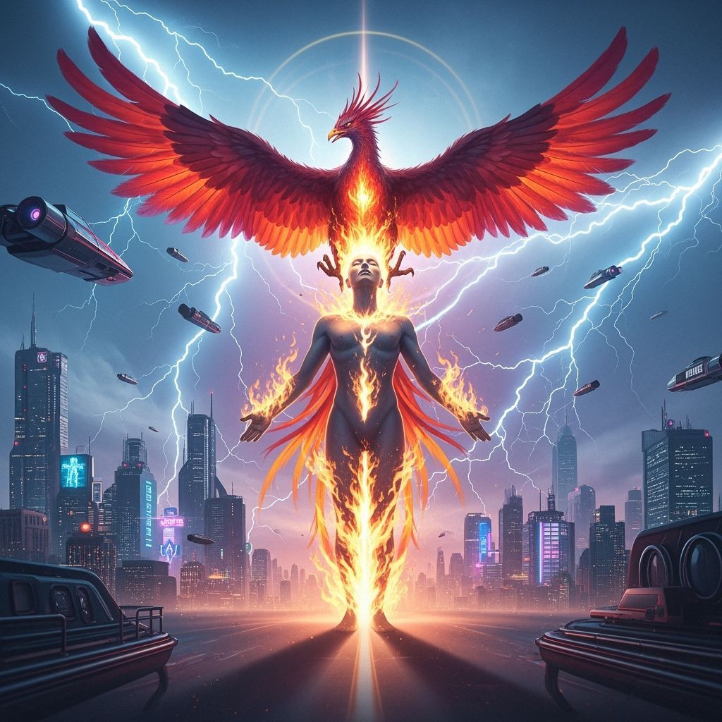 "A phoenix emerges from a divine being ablaze with holy fire, surrounded by radiant divine lightning."