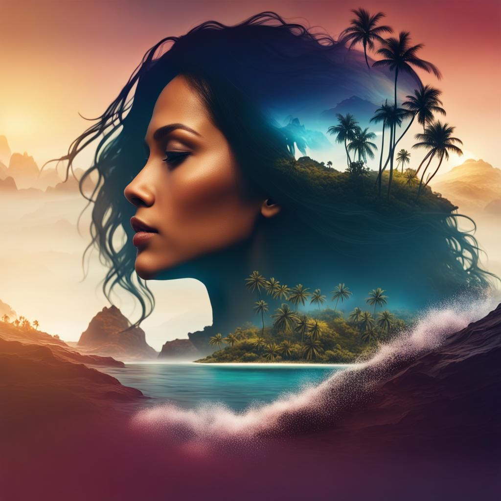 Double exposure. Silhouette of a profile of a beautiful youn...
