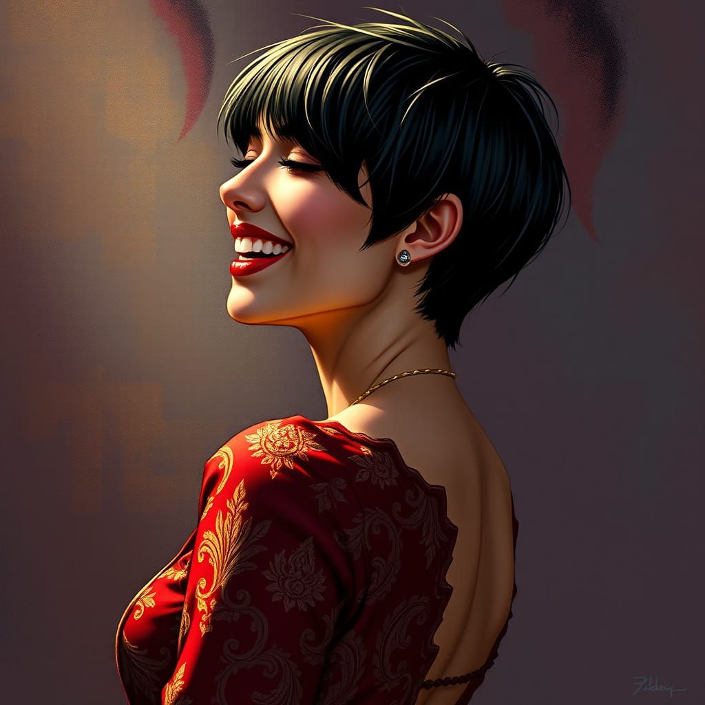 Hyperrealistic Portrait of a Punk Woman in a Dark Red Gold D...