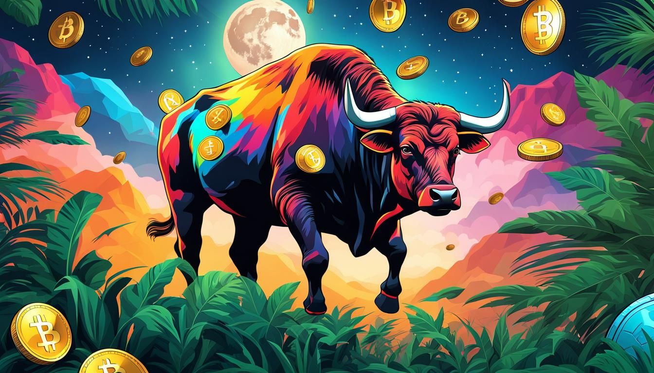  jungle of cryptocurrencies, bull fly to moon, view from below, colorful