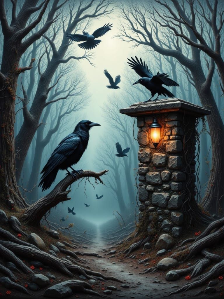 Gothic Forest Landscape with Raven in Neo-Impressionist Styl...