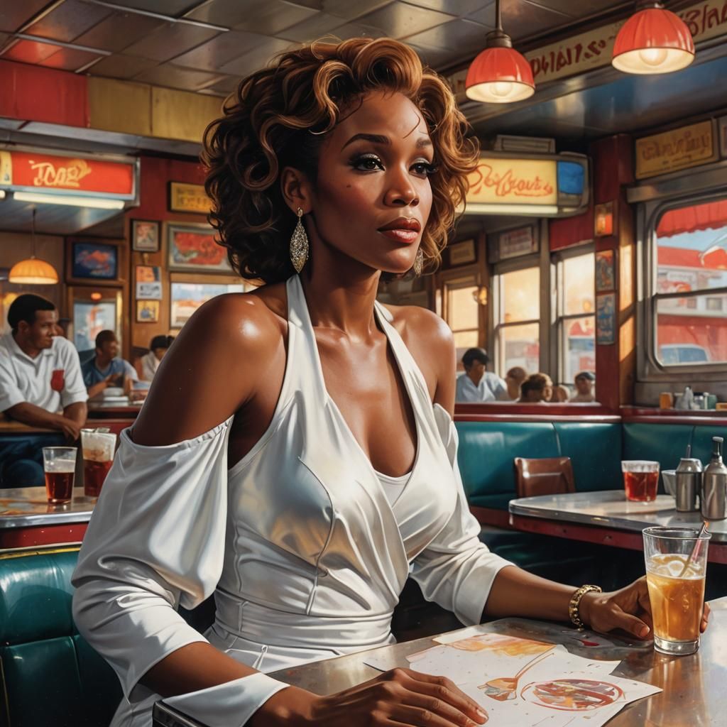 whitney houston sitting in an old diner