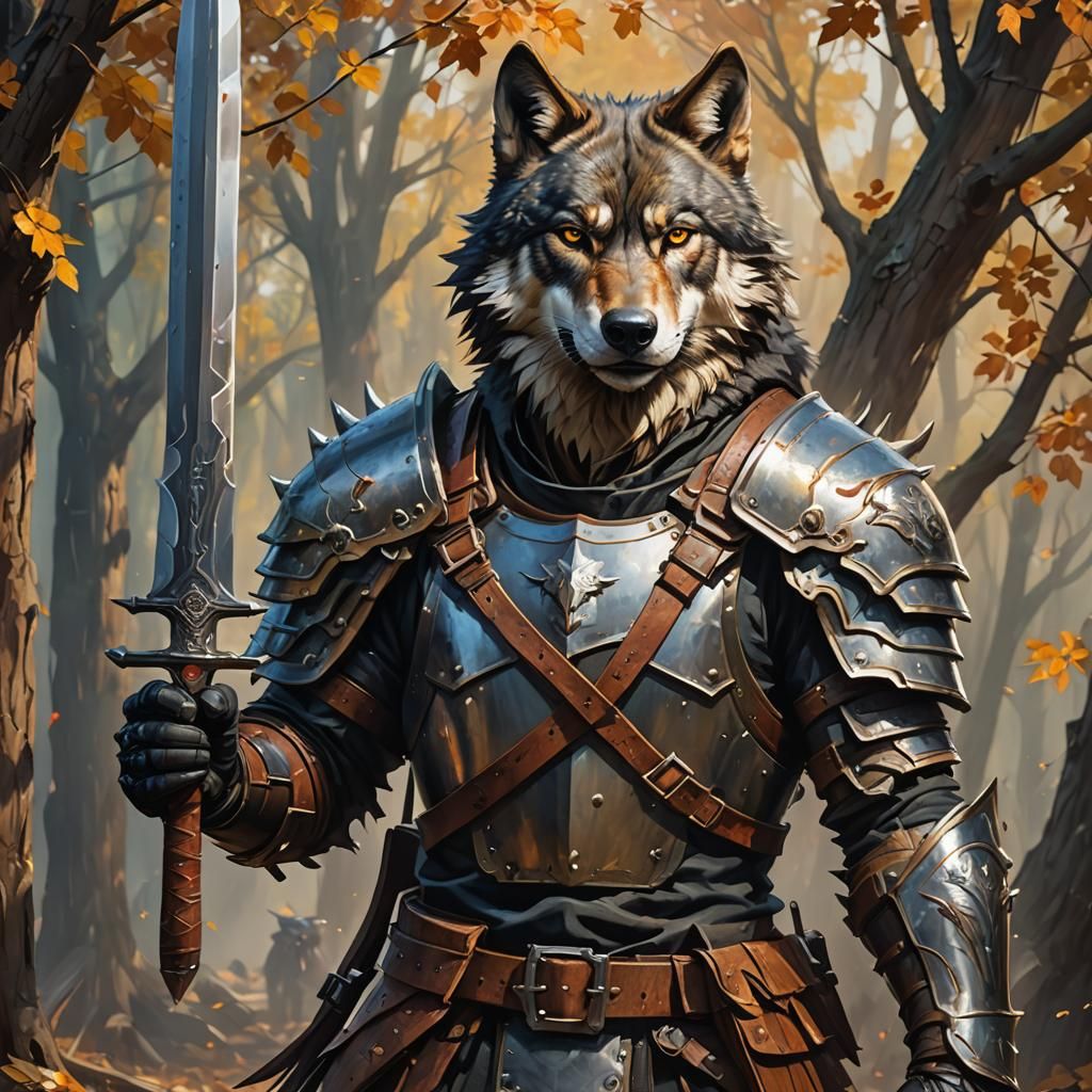 A  wolf warrior holding a pair of large knives and wearing  ...