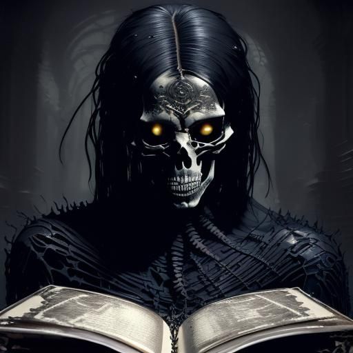<lora:Gothic portraits:1.0> a black skeleton reading an old ...
