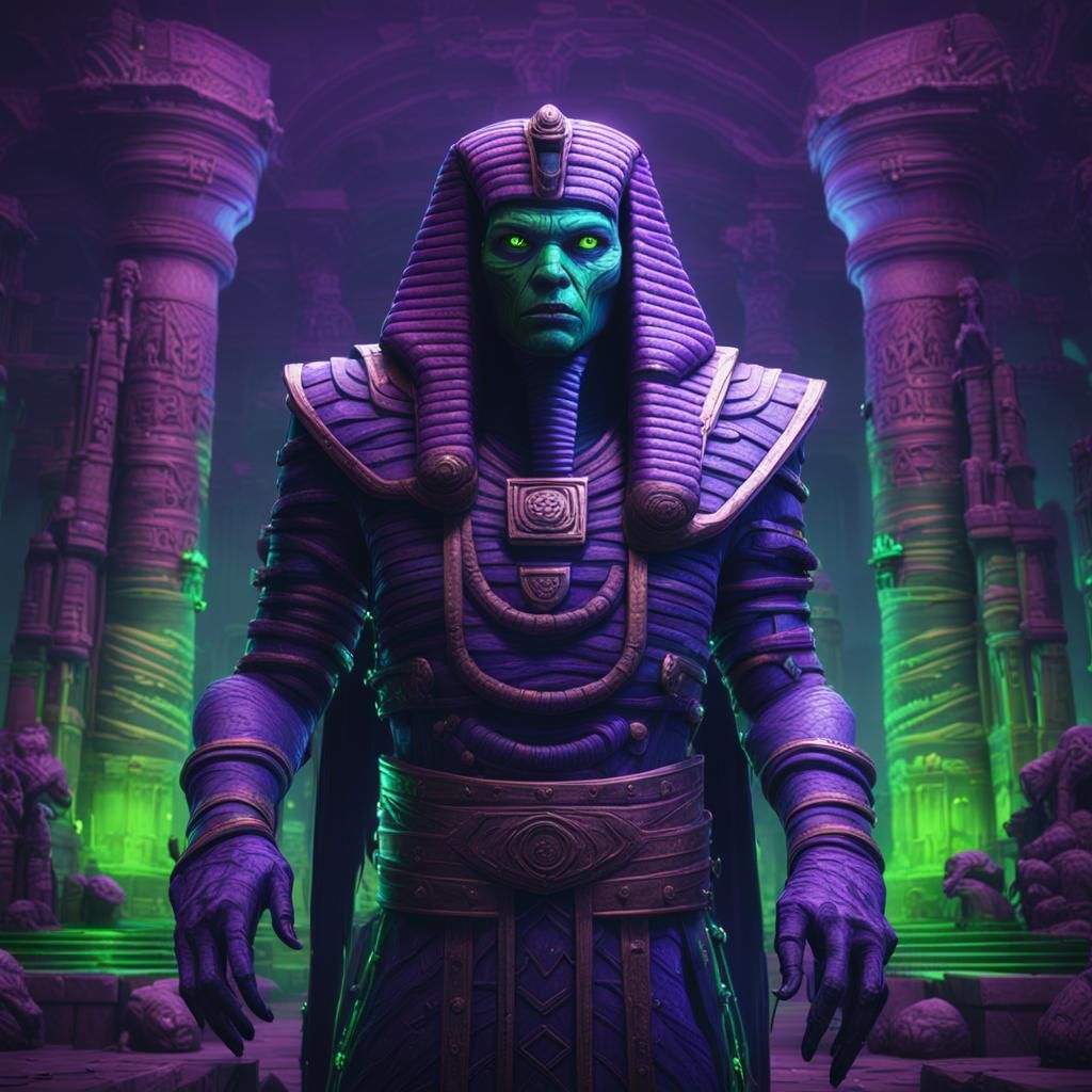 pharaon mummy video game style with purble and neon green co...