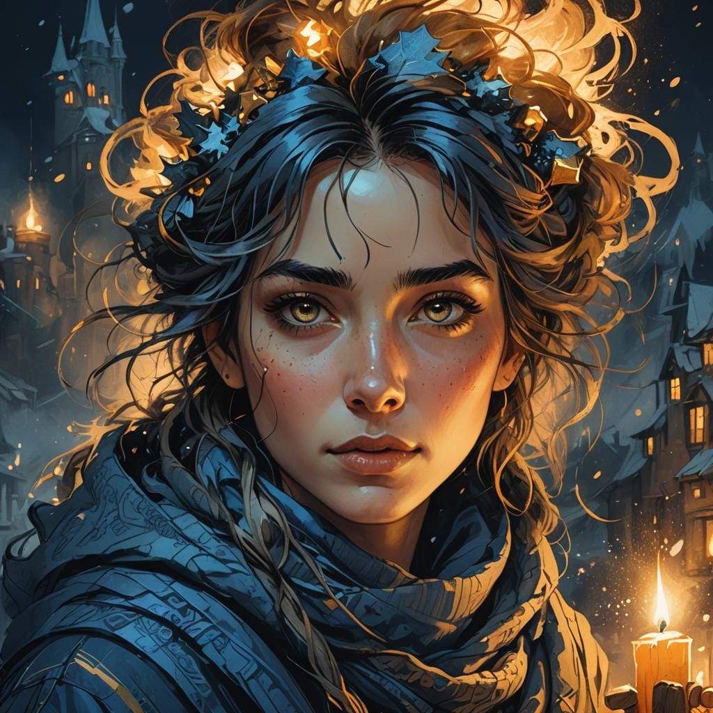 A pencil and charcoal line sketch portrait of a beautiful young woman, modest Christmas clothes, messy hairstyle, intricate details and bold...