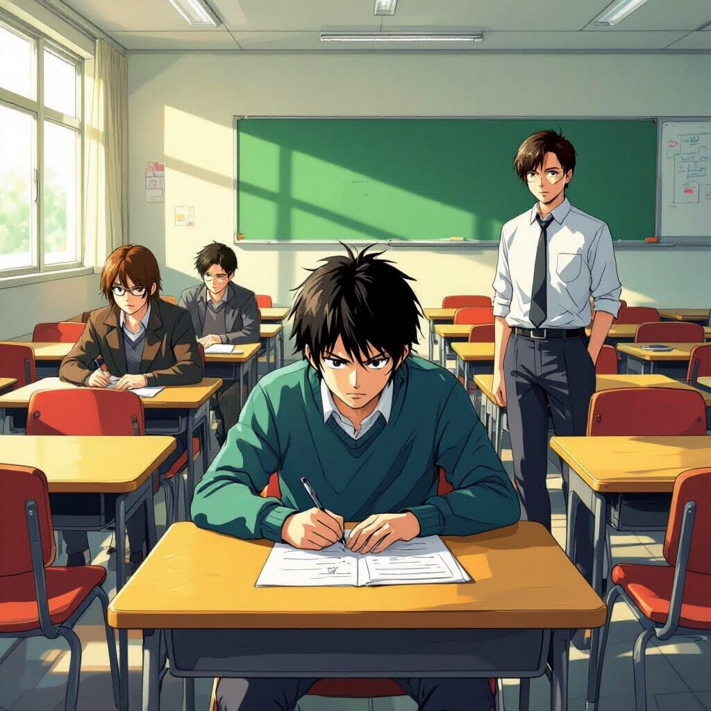 Student Cheating During Classroom Exam in Manga Style
