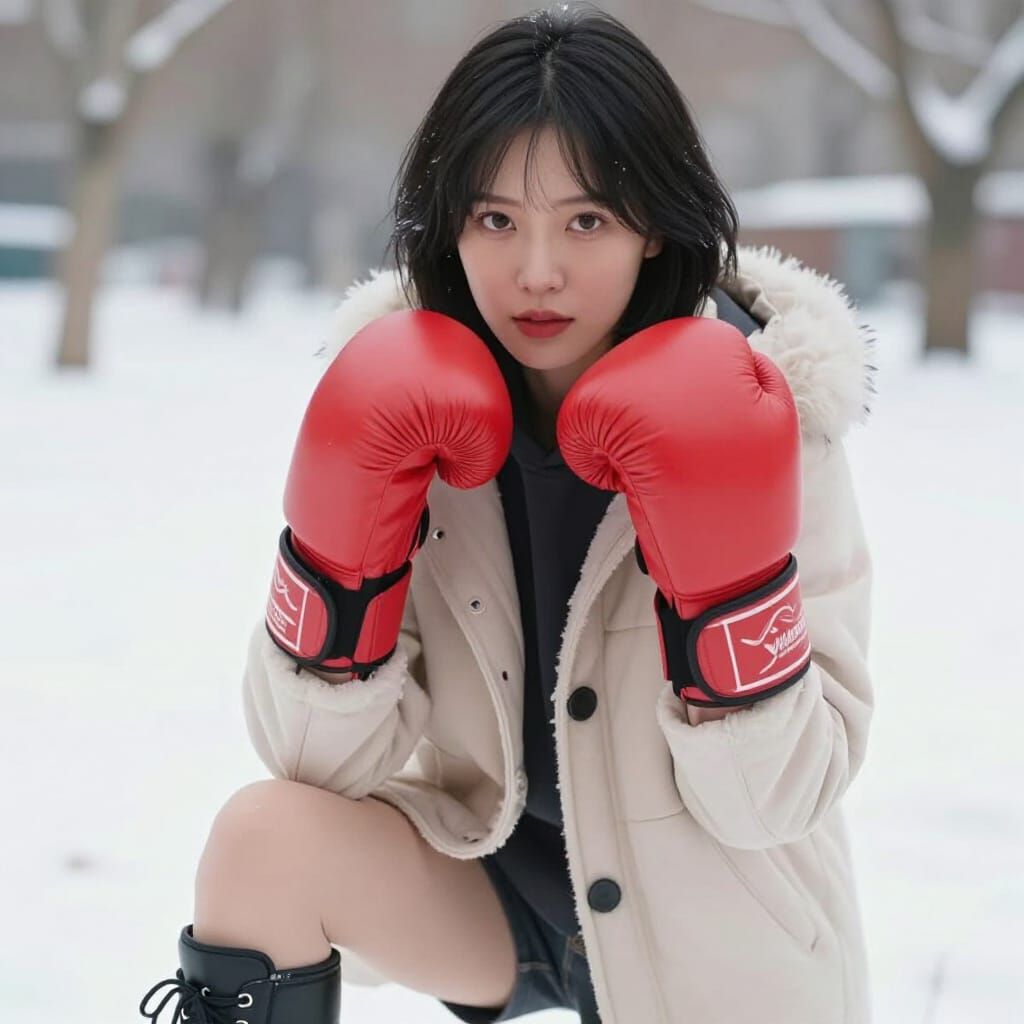 Boxing Woman in Winter Coat and Shorts