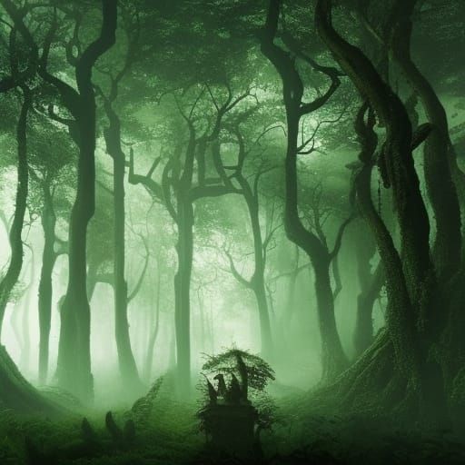 a green mist in a creepy forest