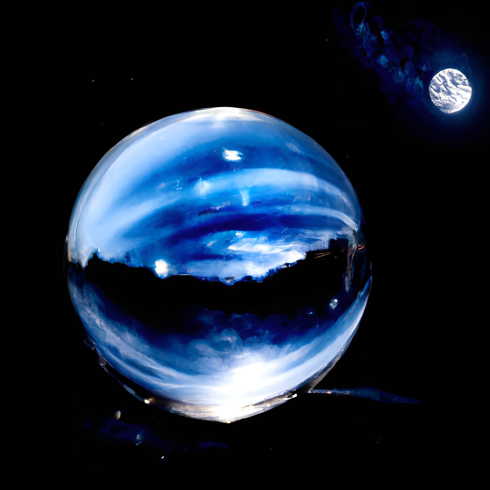 Crystal ball reflecting the night sky with moon and stars