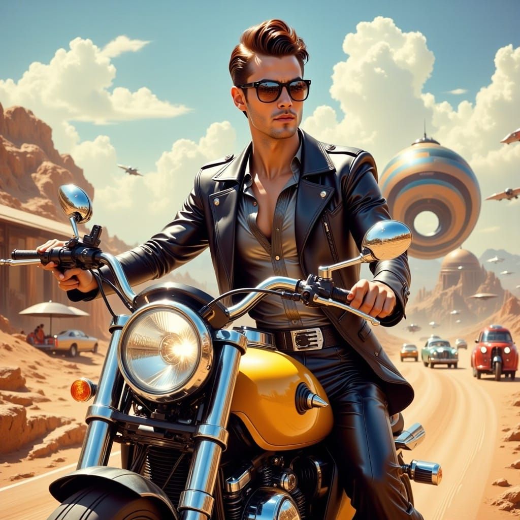 <lora:Retro Future Flux:1.0>  A (man:1.5) riding a motorcycle, sunglasses