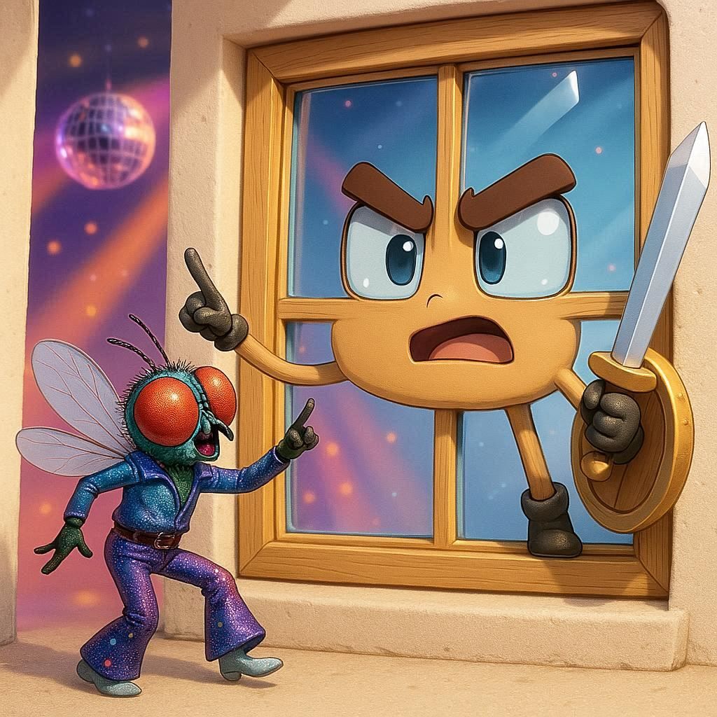 a disco dancing fly trying to enter to a window. funny and c...