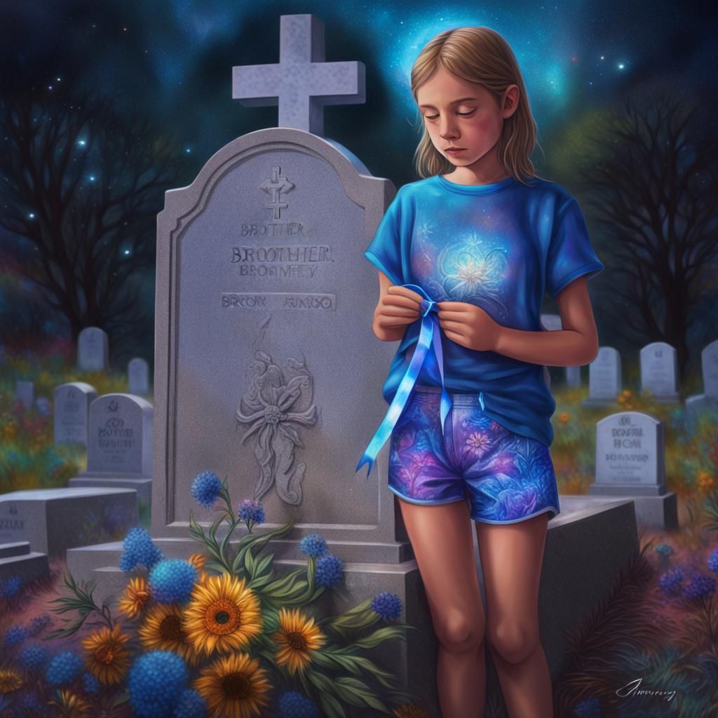Girl wearing blue shorts at her brother's grave holding ribb...