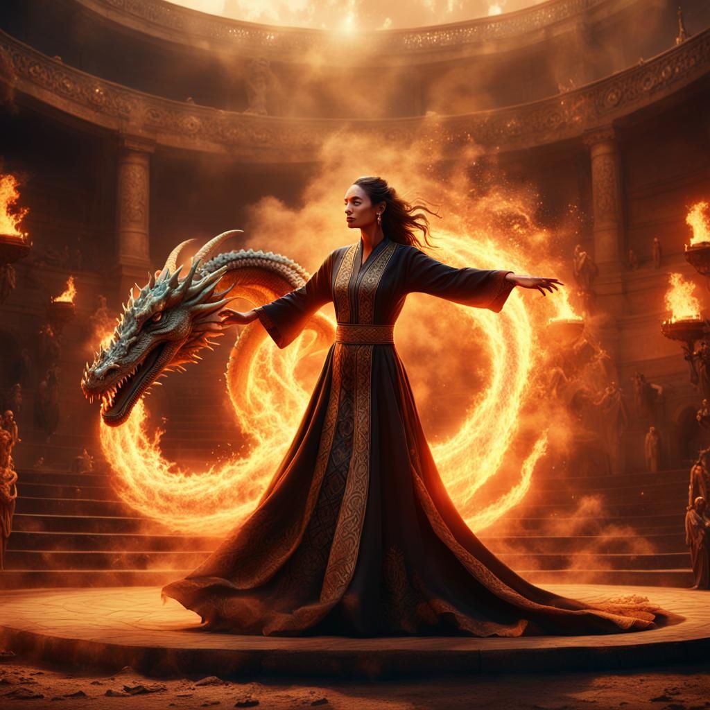 a hyper realistic picture of a beautiful woman in a ball robe dancing with a dragon under a spotlight. Flames come out o...