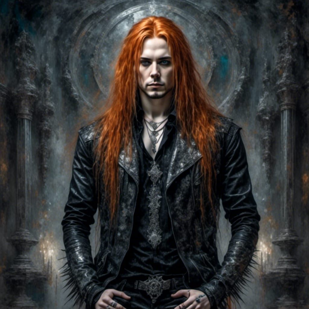 <lora:Moody silver:1.0> Portrait of a goth metalhead man with long ginger hair, leather clothes, spikes, full body, in the black mansion, go...