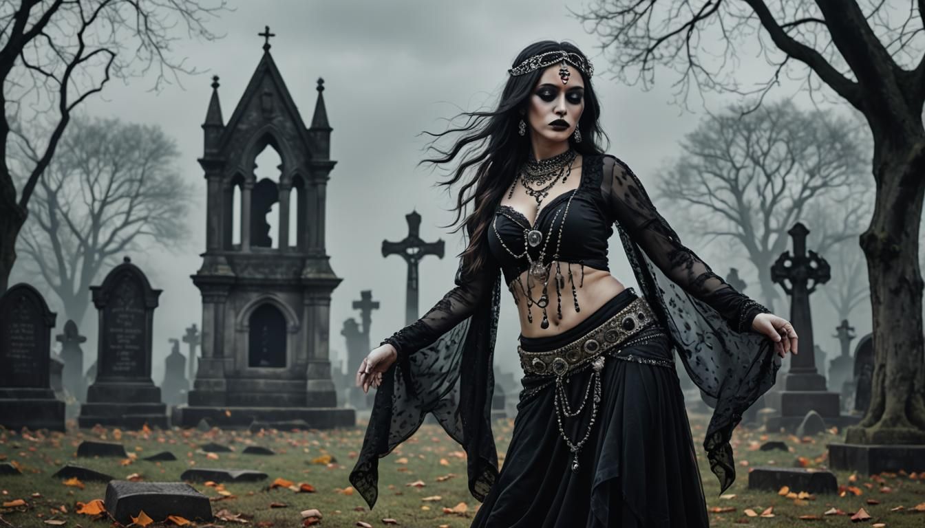 Sad Gothic woman performing a haunting belly dance against a haunting Gothic graveyard backdrop in memory of her lost lo...