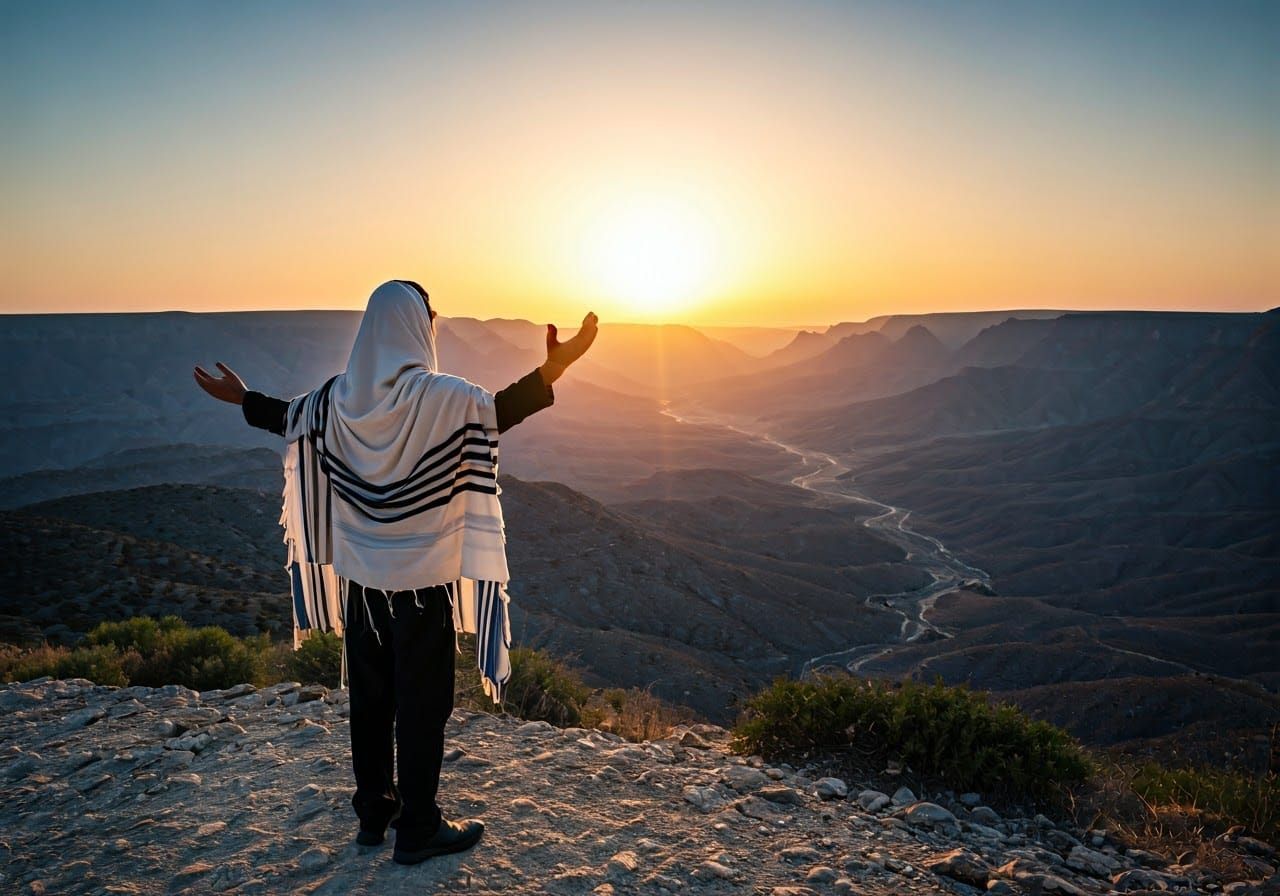 A Jew with a tallit on his head stands and turns his back raising his hands up in a light and open movement standing on a mountain and in fr...