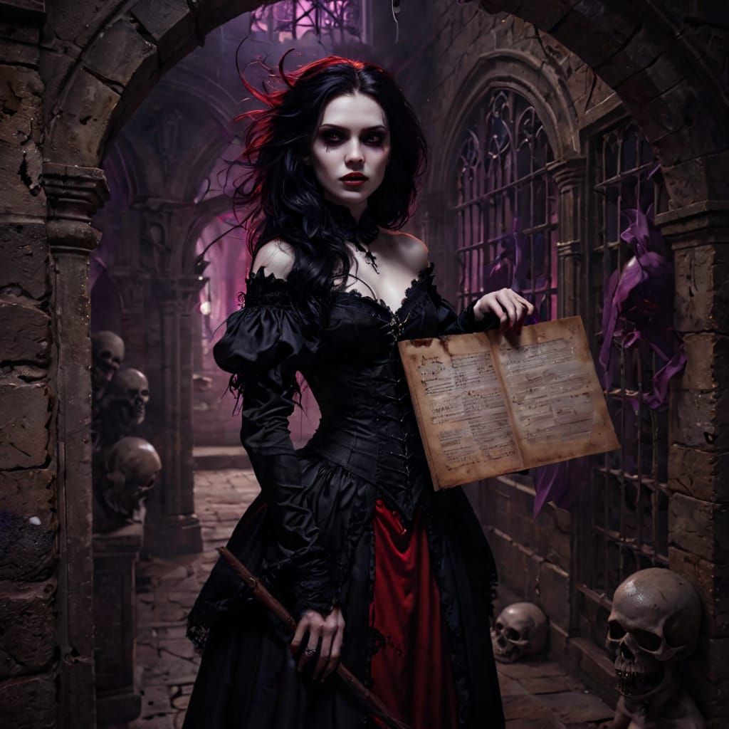 Gothic Vampiress in Dimly Lit Castle Hall