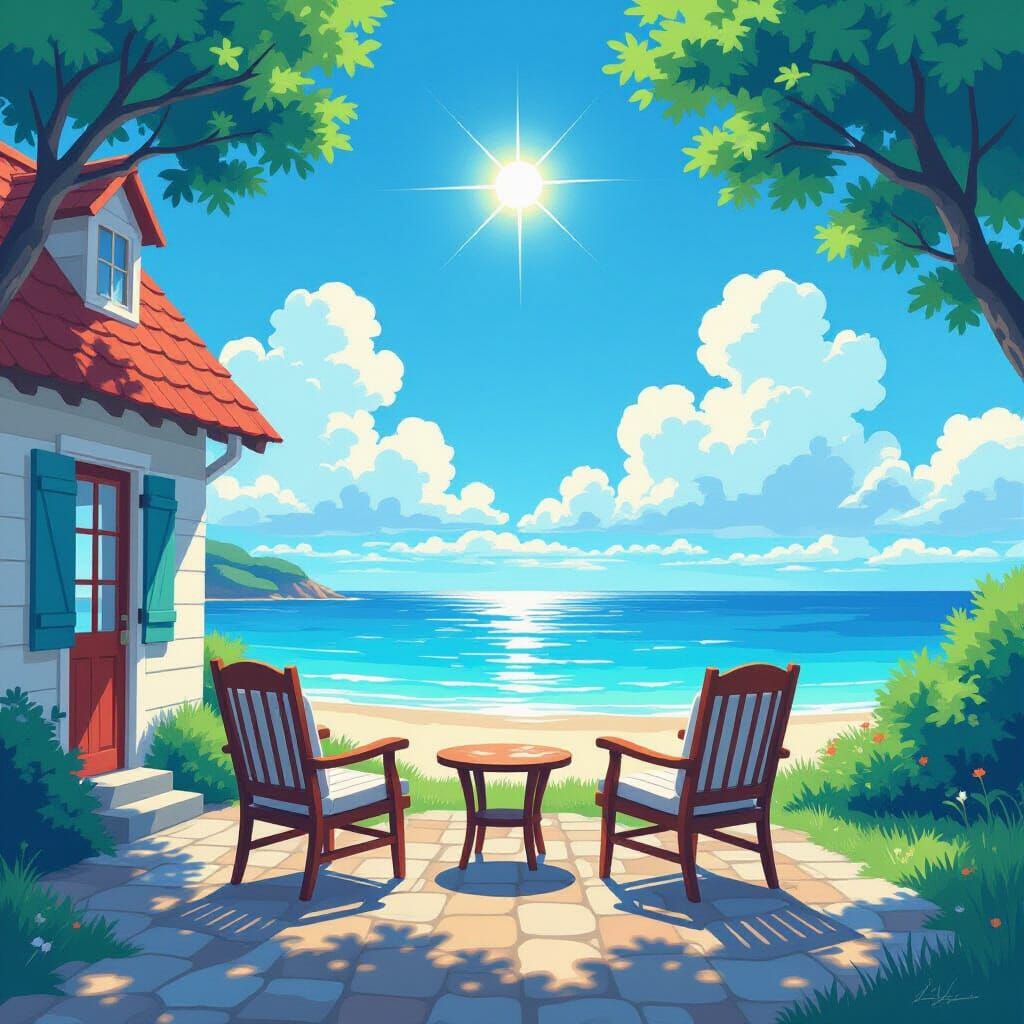 Seaside Cottage in Sunny Anime Oil Painting Style