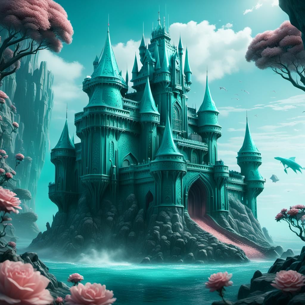 Fantasy magic water aqua teal rose castle monster
