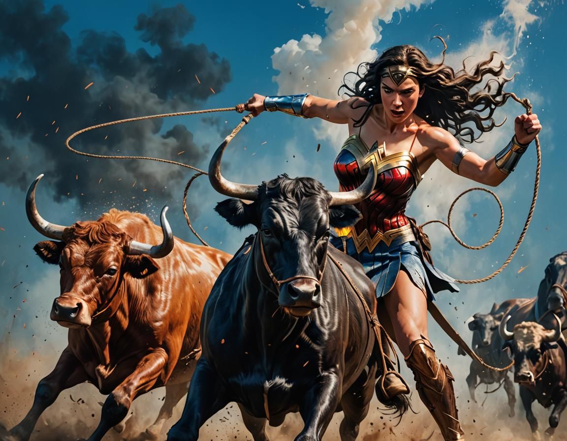 Wonder Woman Lassoing Steer: Hyperrealistic Concept Art