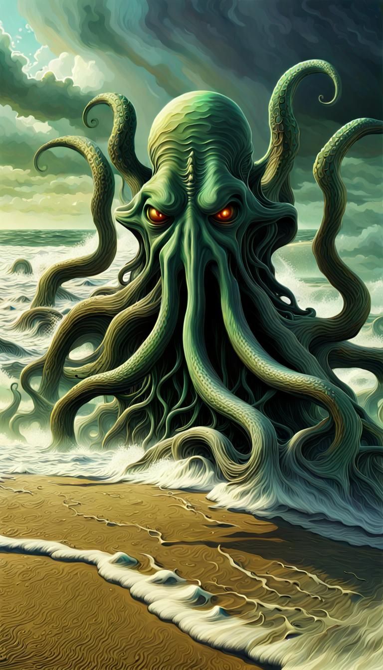 Great Cthulhu playing on a beach Splash art intricately deta...