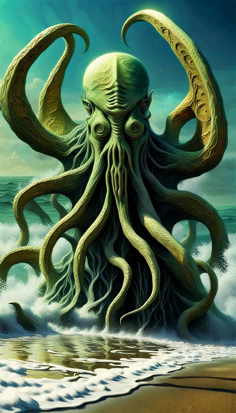 Great Cthulhu playing on a beach Splash art intricately deta...