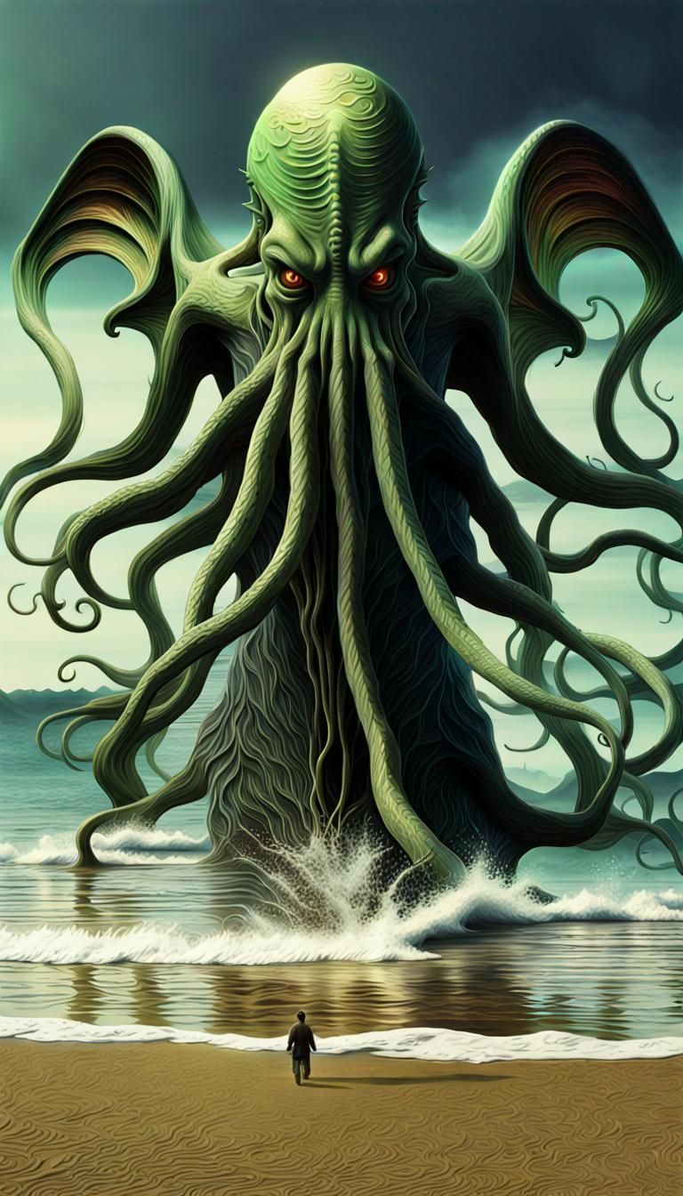Great Cthulhu playing on a beach Splash art intricately deta...